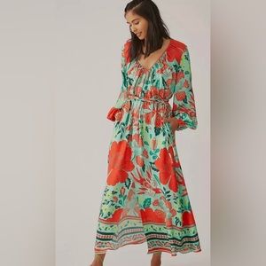 Farm Rio x Anthropologie Poppy Maxi Dress With Balloon Sleeves Size XL